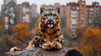 A Himalayan snowon a rock, beautiful irbis in captivity at the zoo, National Heritage Animal 