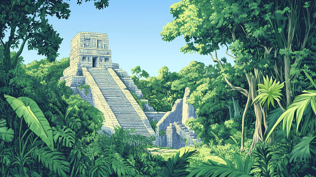 Aztec temple, olmec temple, toltec temple. vast tropical rain forest. lush jungle. blue sky. fantasy forest. clearing in the forest reveling a ancient stone temple ruins. Runeveil Temple. Illustration