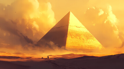 Ancient egyptian pyramid in giza bathed in golden sunrise, surrounded by vast desert dunes and dramatic sky. Golden Pyramid. Illustration