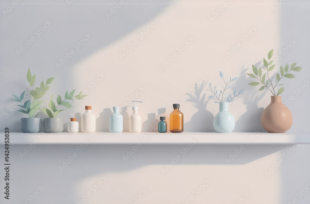 Aufkleber a minimalist shelf displays various bottles and vases with small leafy plants, bathed in soft sunlig