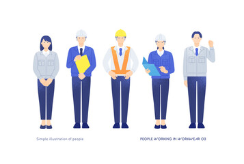 現場監督、技術者、事務員のイラストセット。作業服を着て働く男女のイラストセット。