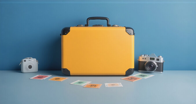 A yellow suitcase sits center stage against a blue backdrop, flanked by vintage cameras and scattered travel tickets, hinting at an exciting journey ahead. - Powered by Adobe