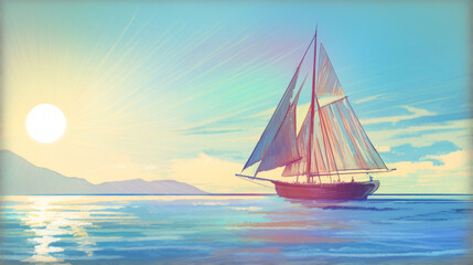 Fototapeta premium Beautiful cartoon sailboat sailing on the ocean under blue sky and white clouds, travel