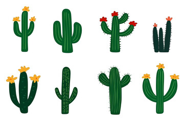 Illustration of Various Green Cactus Plants With Yellow and Red Flowers on Transparent Isolated Background