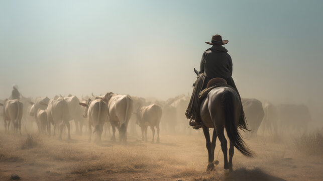 Traditional Brazilian Vaqueiro Herding Cattle in Dry, Dusty Landscape
