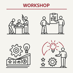 Workshop Web Icon Set in Line Style – Business Icons for Web and Mobile Apps Featuring Team Building, Teamwork, Coaching, Meetings, Management, Motivation & More