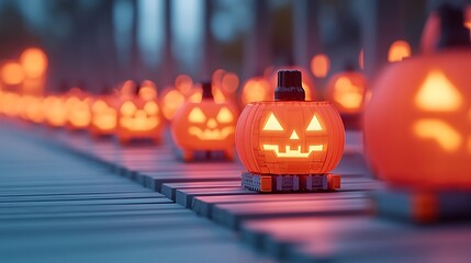 Glowing Pixel Pumpkins Line a Dark Wooden Path at Night