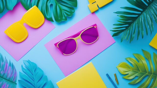 Vibrant Colorful Sunglasses on Desk with Tropical Leaves