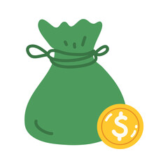 Green money bag a gold coin and a stack of coins