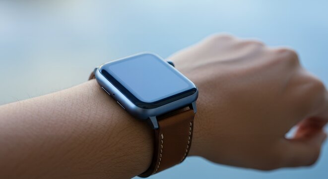 Close-up of a wrist wearing a smartwatch with a brown leather strap