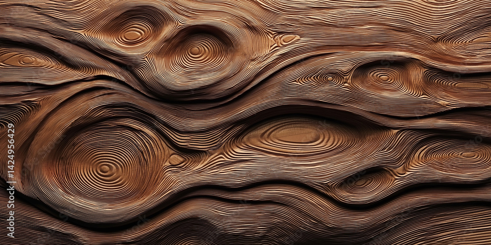 Poster brown carved wooden surface forming concentric circles and wavy pattern