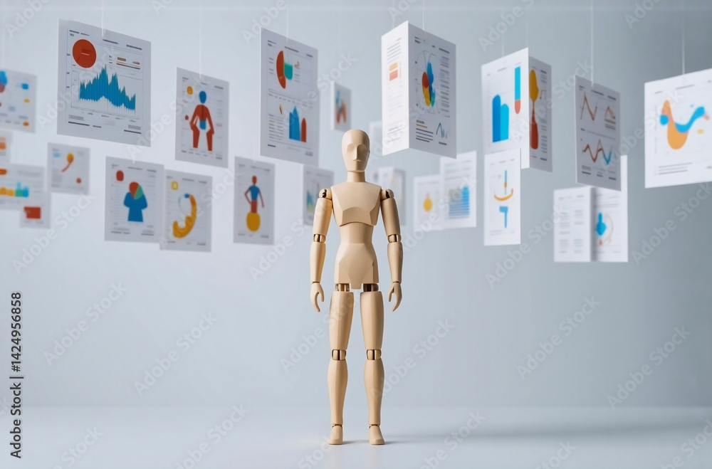 Poster a wooden mannequin stands amidst floating data visualizations, representing the intersection of huma