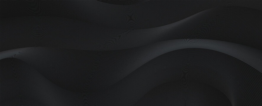 Minimalistic black abstract background with flowing curves and fine line patterns, ideal for modern technology or luxury branding visuals.
