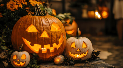 Fototapeta premium Spooky hollowed pumpkins candlelight glow halloween decorations autumn festivities nighttime atmosphere, glowing, carving, shadow, ghost, witch, broomstick. Hollow Throne. Illustration