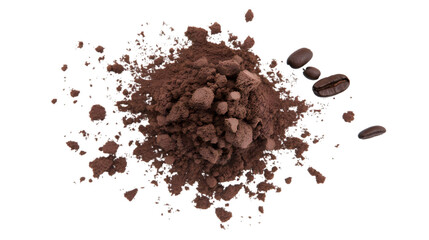 Isolated Coffee Powder and Beans on a Transparent Black Background PNG Photo