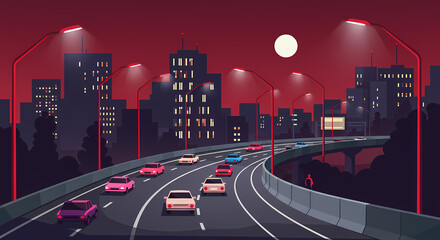 This flat design illustration shows a bustling city highway curving through a skyline of silhouetted buildings at night. 