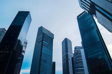 Cluster of modern high rise office buildings with reflective glass facades reaching into blue cloudy sky depicting contemporary city business district