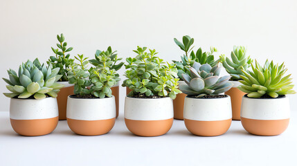 A charming set of small terracotta pots with white and sage green accents, each holding vibrant succulents or cacti. Perfect for minimalist indoor gardens, home decor, or plant lovers. Stylish