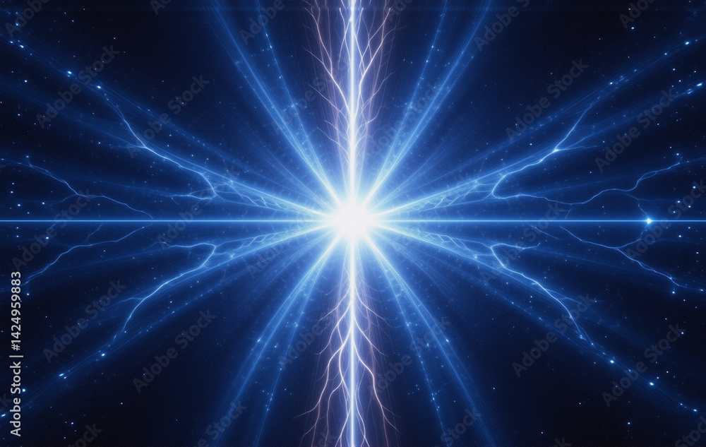 Poster A radiant, celestial burst of blue energy explodes outward, creating a symmetrical pattern of light and cosmic sparks against a dark background.  The image evokes feelings of power and wonder.
