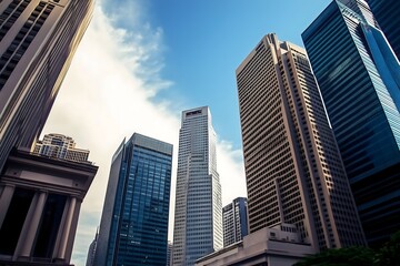 Fototapeta premium Upward perspective of multiple tall modern office towers with glass and steel facades under partly cloudy sky representing business and corporate cityscape