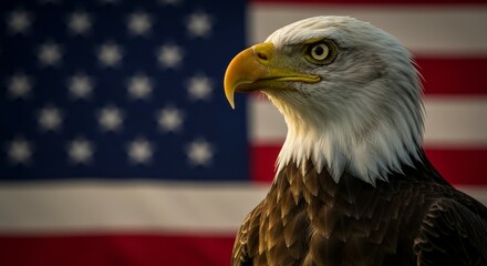 Naklejka premium Majestic Bald Eagle Profile Against American Flag