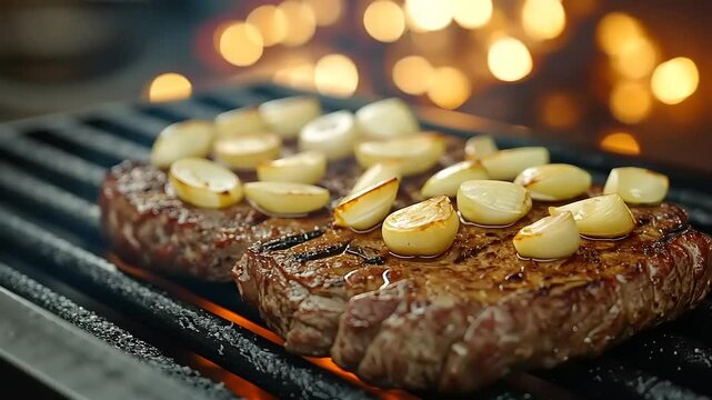 Grilled steak with roasted garlic
