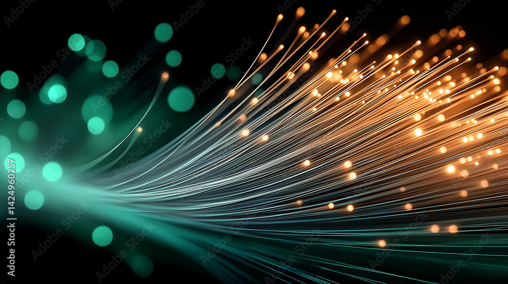 Poster fiber optic cables transmitting data with blurry lights in background