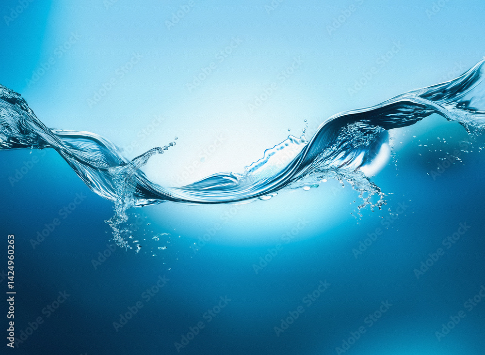 Poster Here's the image description and keywords:

An eye-level view captures a dynamic aquatic scene, with a wave cresting in the center. Shades of blue create a visual harmony, emphasizing the water's flui