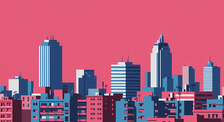 This is a graphic, minimalist illustration of a city skyline featuring a variety of stylized buildings in blue and white against a vibrant pink sky. 