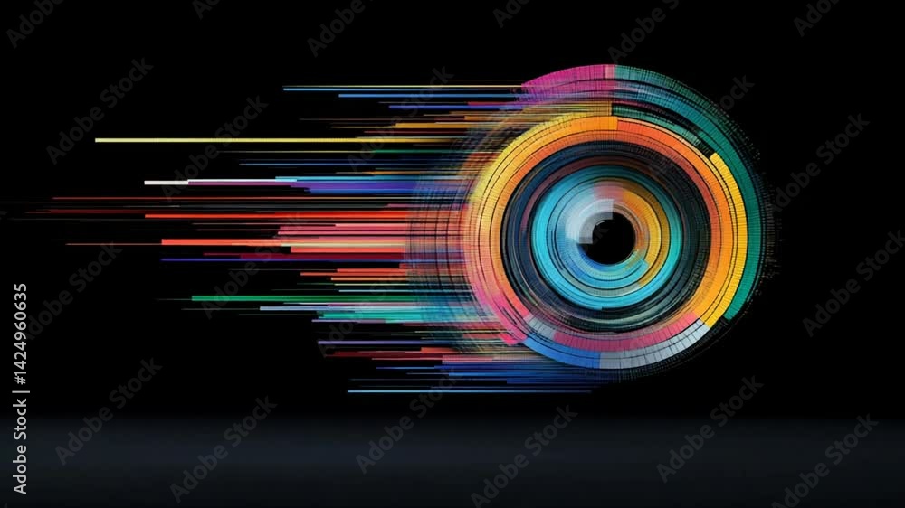 Poster vibrant abstract digital artwork with colorful circles and lines against a black background for mode