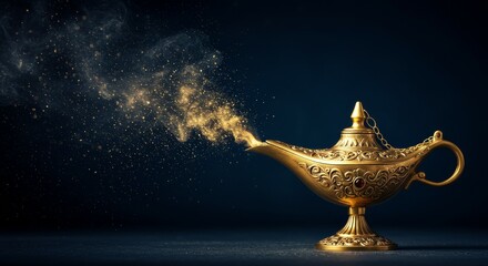 Ornate Golden Aladdin Lamp with Sparkling Magic on Dark Backgrou