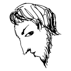 Head of a bearded man. Face of a handsome young guy in profile. Male portrait. Hand drawn linear doodle rough sketch. Black and white silhouette.
