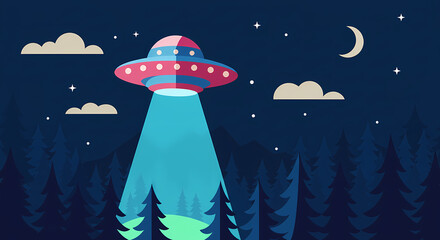 A stylized illustration depicts a colorful UFO hovering over a dark forest at night, casting a bright light beam downwards. 