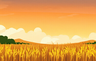 夕焼けの田んぼの背景イラスト