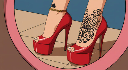 A stylized illustration captures a reflection of legs wearing striking red platform high heels, showcasing a spade tattoo with a chain and a large ornamental tattoo. 