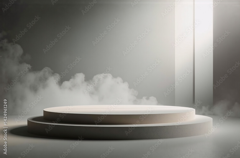 Poster a minimalist scene features a two-tiered circular podium shrouded in ethereal smoke, bathed in soft 