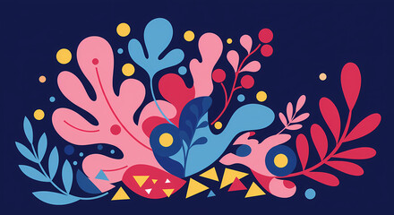 A modern, abstract illustration features a cluster of stylized pink, blue, and red plant and berry shapes with yellow geometric accents against a dark blue background. 