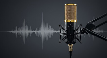 A studio microphone with golden grill and black stand against sound wave background design element