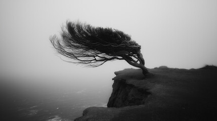 Windswept tree clinging to a cliff in misty coastal landscape