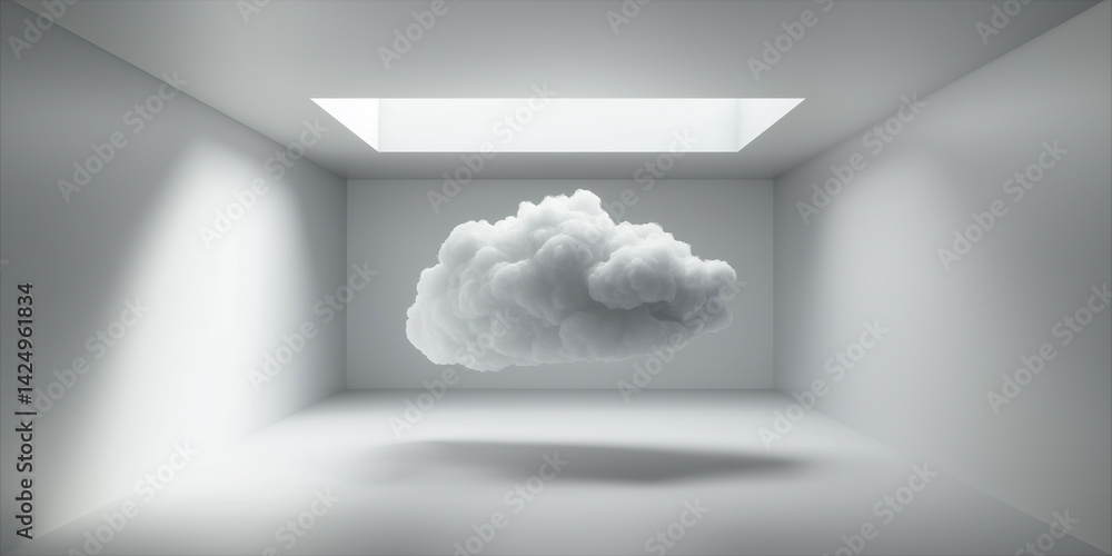Poster White cloud floating in minimal white room with skylight