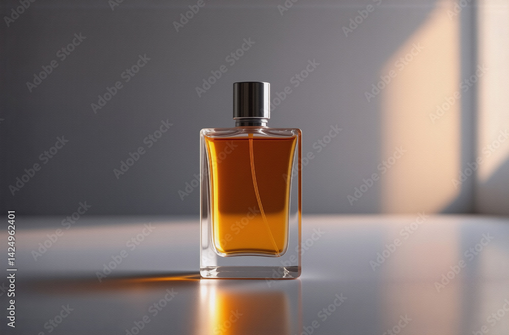 Poster a rectangular amber perfume bottle with a silver cap sits on a white surface, bathed in warm sunligh