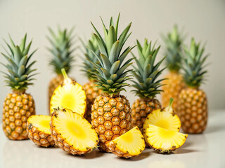 Fresh Whole and Sliced Pineapples with Golden Skin and Green Crowns – Perfect for Tropical Fruit Advertising, Packaging, or Healthy Lifestyle Editorials