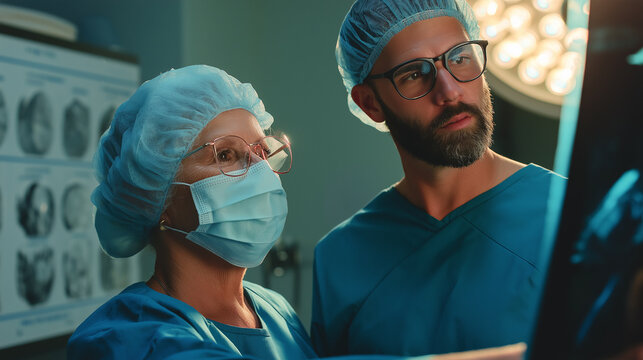 Two surgeons examining x-ray scan in operating room