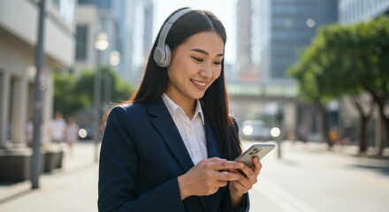 Smiling Businesswoman in City Using Smartphone and Headphones