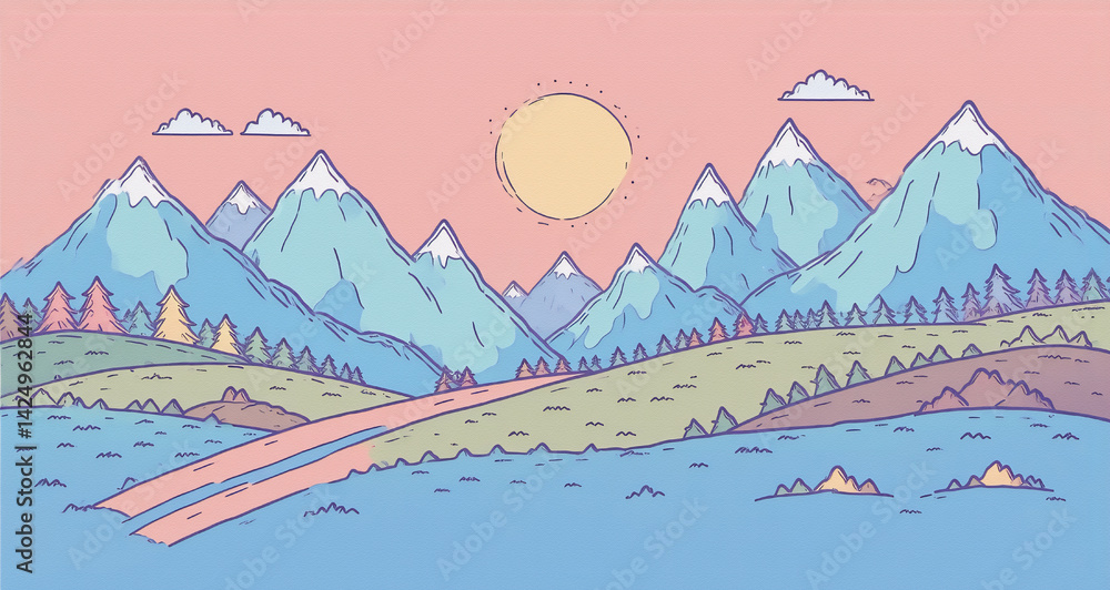 Poster a colorful landscape featuring rolling hills and majestic mountains with snowy peaks, under a warm s