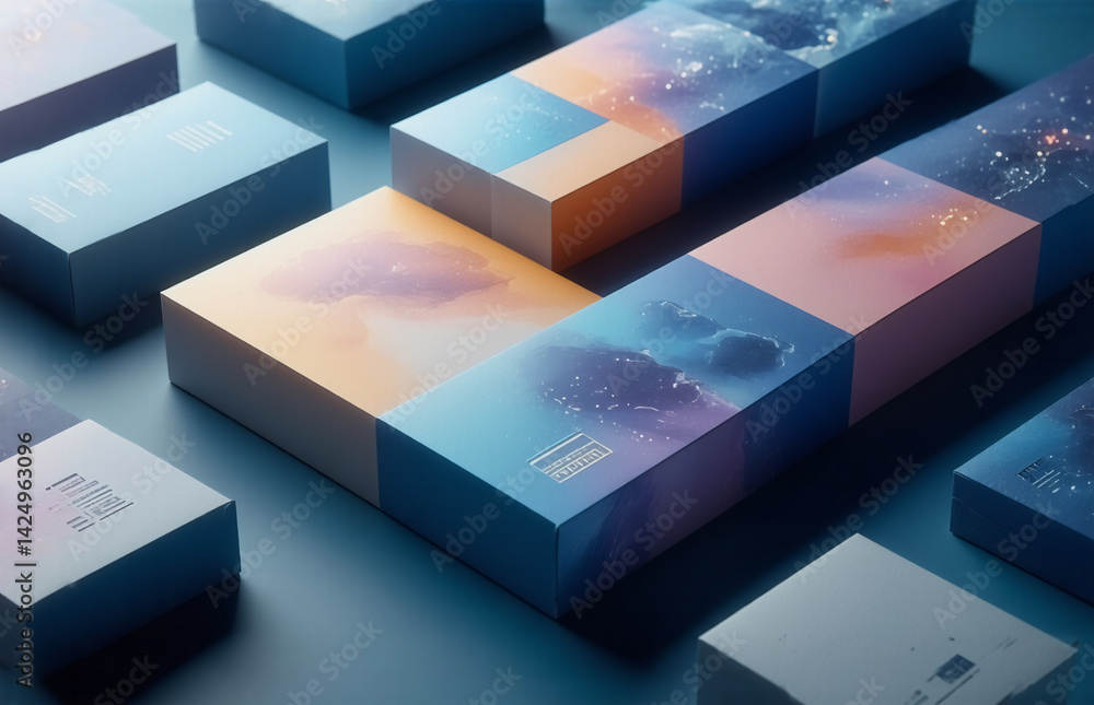 Poster a mesmerizing arrangement of pastel-colored blocks, each showcasing a unique abstract landscape. the