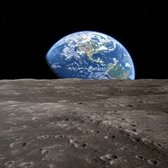 Blue Earth seen from the Moon surface with rocky foreground and black space sky
