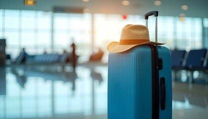 A suitcase with a hat at the airport, illustrating summer travel and family vacation themes