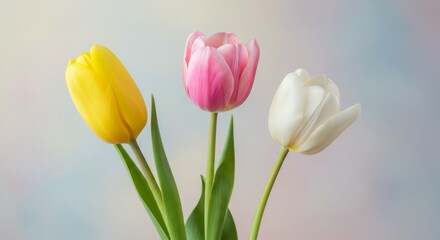 Naklejka premium Three Colorful Tulips in Soft Focus Against a Pastel Background