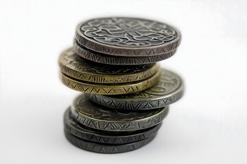 Closeup macro shot of a small pile of engraved antique coins with intricate designs stacked unevenly against a bright white background